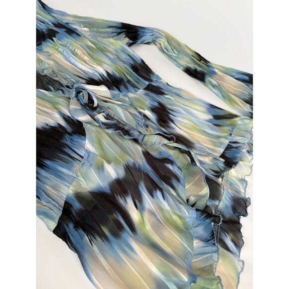 Y2k Coquette LARGE Sheer Ruffle Blouse Blue Long Sleeve Tie Front Crepe Fairy - Picture 6 of 8